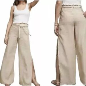 Anthropologie Elevenses 100% Linen Tan Rope Belt High Rise Wide Slit Leg Pant